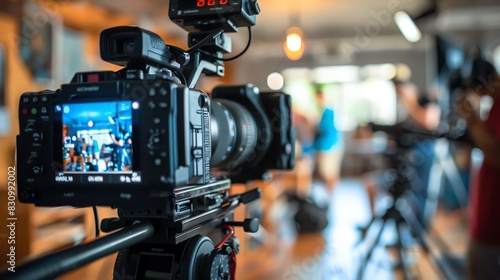 Professional video camera filming a scene with a blurred background.