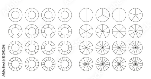 Set of round structure graphs. Outline circular chart. Piechart with segments and slices. Schemes with sectors. Pie diagram divided into pieces. Circle section template. Vector illustration