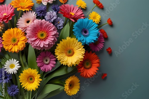 Fresh, vibrant flowers arranged in a spring floral composition against a gentle pastel backdrop; colorful flowers creatively arranged in a bouquet on a grey background. Idea of celebratory flowers wit