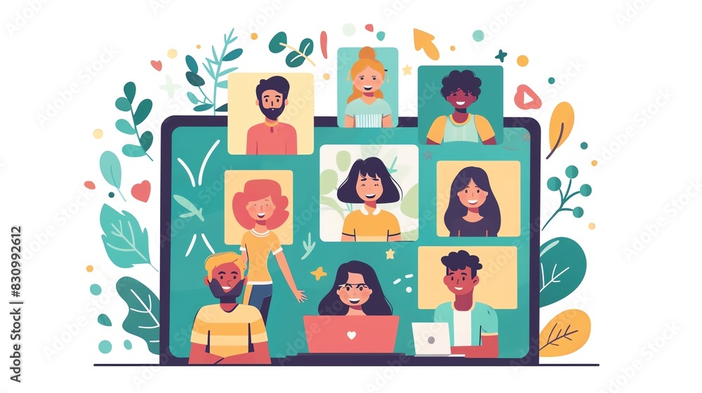 Diverse group of people on a video call, showcasing virtual teamwork and communication. Diverse group of people on a video call, showcasing virtual teamwork and communication.