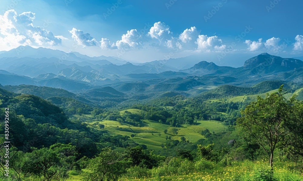 A picturesque mountain range rises majestically under clear blue skies, with green valleys stretching below. The expansive, open areas provide a stunning backdrop with space for overlaying text.