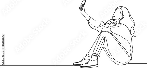 continuous single line drawing of young woman taking a selfie with her smartphone, line art vector illustration