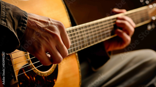 A close-up of a musician's hands skillfully playing an acoustic guitar reveals his technical skills.