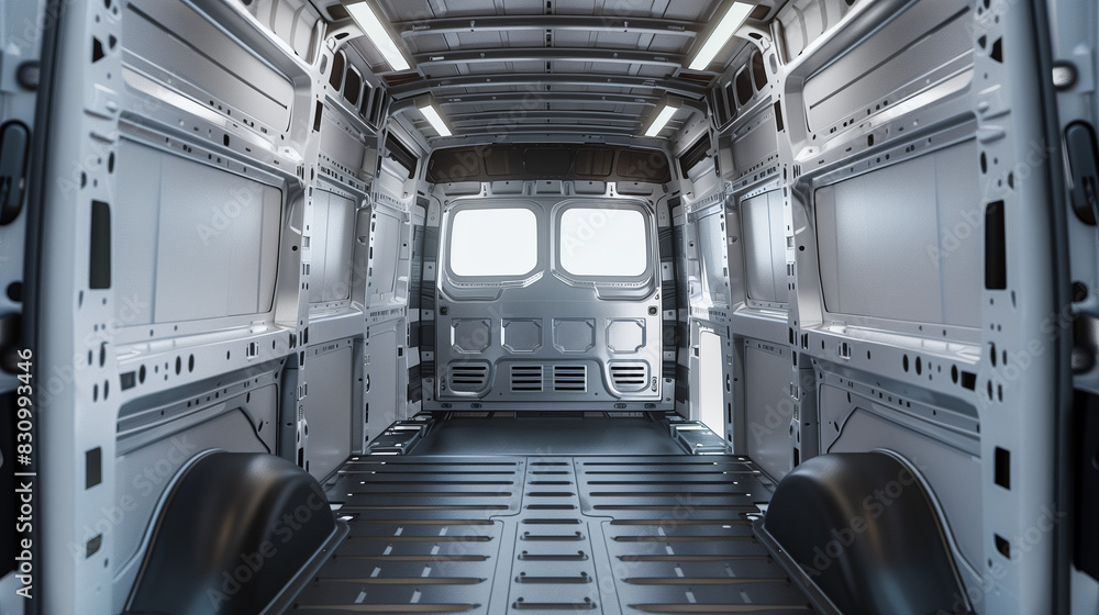 Obraz premium The inside of an empty van is a clean, empty space, ready for transport. The interior is tidy and spacious, allowing you to freely place various items to be transported.