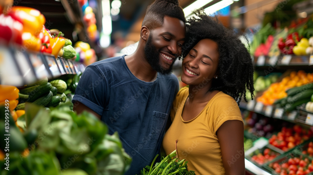 A happy African-American couple walks through the aisles of a supermarket, full of smiles and joy as they select fresh groceries.