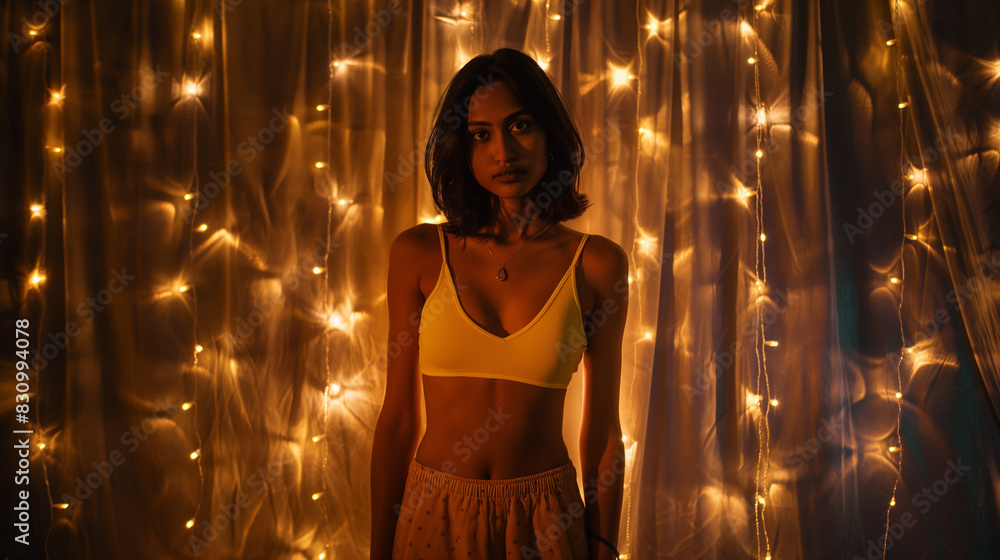 A full-body studio portrait of an Indian woman with black hair wearing a yellow mini skirt and tank top standing in front of a dark wall covered in LED lights A full-body studio portrait of an Indian woman with black hair wearing a yellow mini skirt and tank top standing in front of a dark wall covered in LED lights