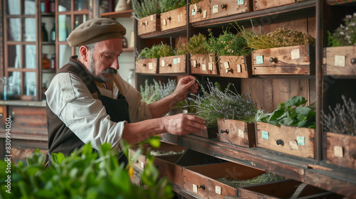 A pharmacy worker in traditional costume carefully selects herbs from many wooden drawers, each full of nature's riches.
