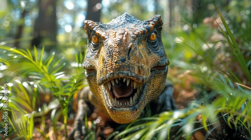 A lifelike model of a dinosaur with an open mouth  set among foliage in a forest setting  capturing a prehistoric ambiance