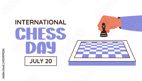 International Chess Day background. Person holding pawn over chessboard. Vector flat banner.