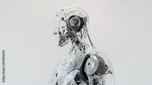 A robot made of transparent plastic, with its head and body connected by two small electronic devices on the side