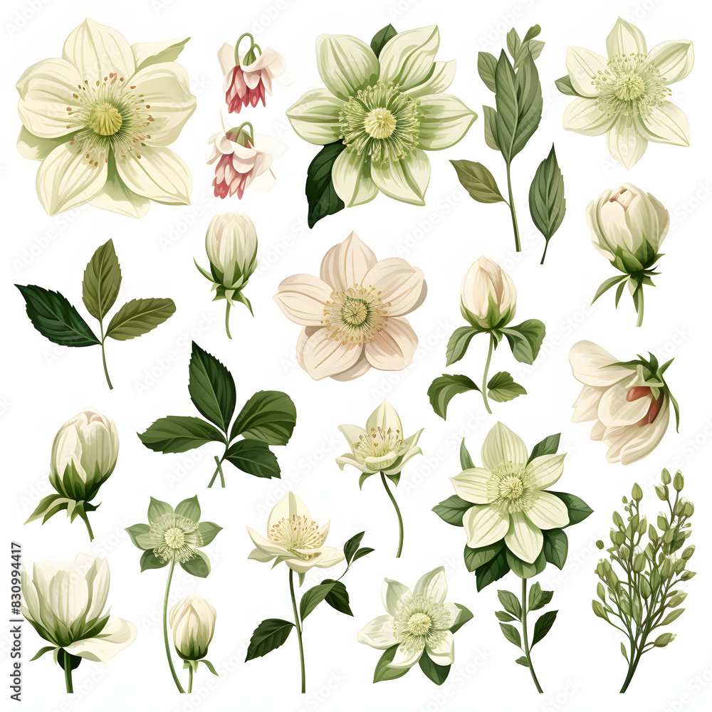 set of Hellebore, plants, leaves and flowers. illustrations of beautiful realistic flowers for background, pattern or wedding invitations set of Hellebore, plants, leaves and flowers. illustrations of beautiful realistic flowers for background, pattern or wedding invitations