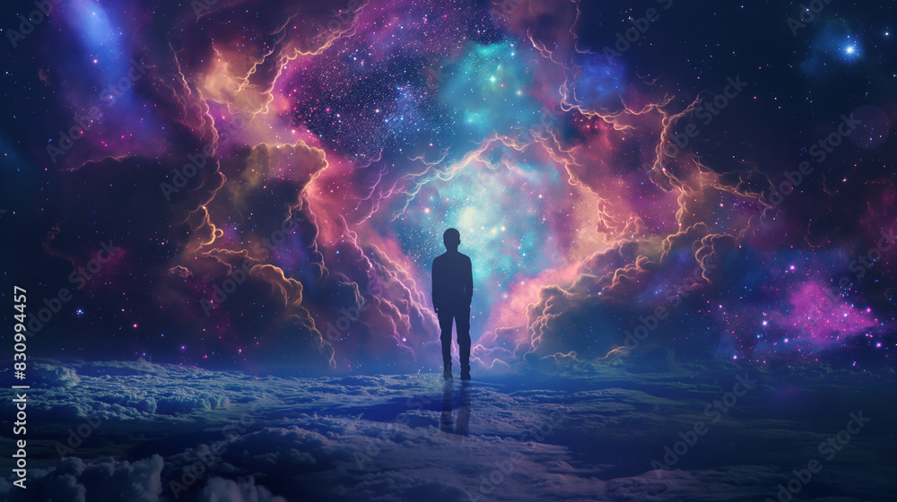 A man standing in the center of an abyss, with colorful nebulae and stars around him, fantasy art style, dark colors, anime, cartoon, cinematic