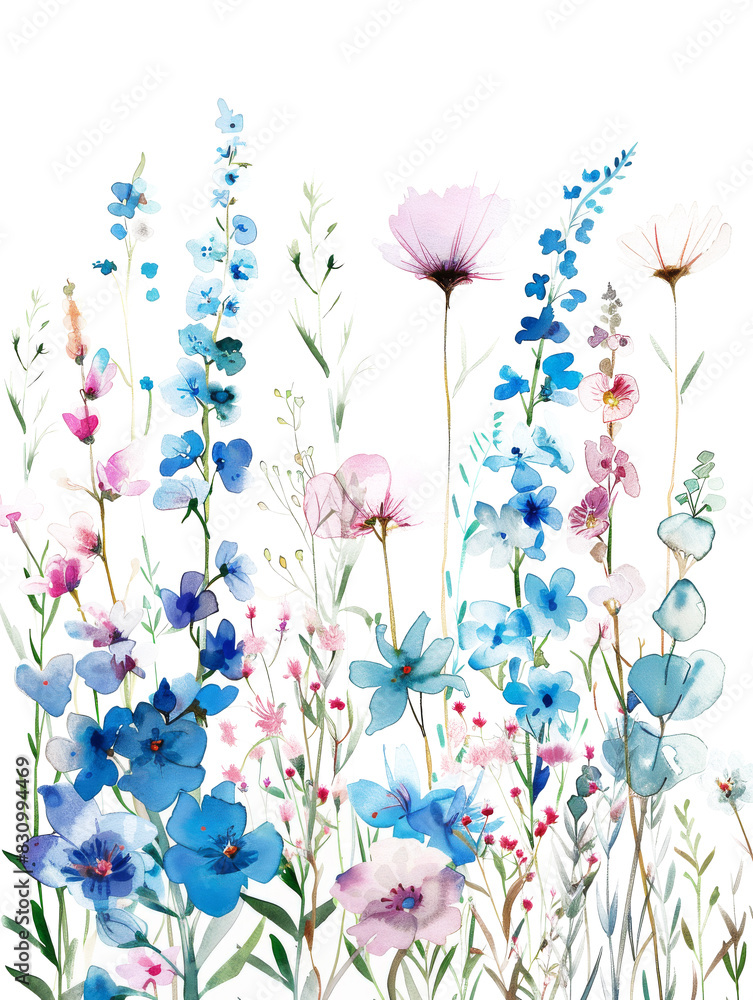 Ai Generated Delicate Wildflowers Light Pastel Watercolor in Pink Blue Colors On White Background