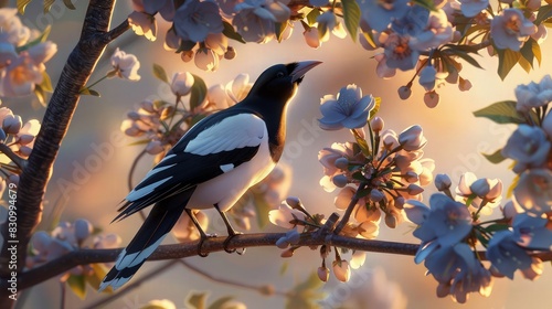 Fototapeta Naklejka Na Ścianę i Meble -  A cartoon magpie with bold black and white feathers, perched on a blossoming tree under the soft, diffused light of a cloudy dawn, making the flowers appear to glow.