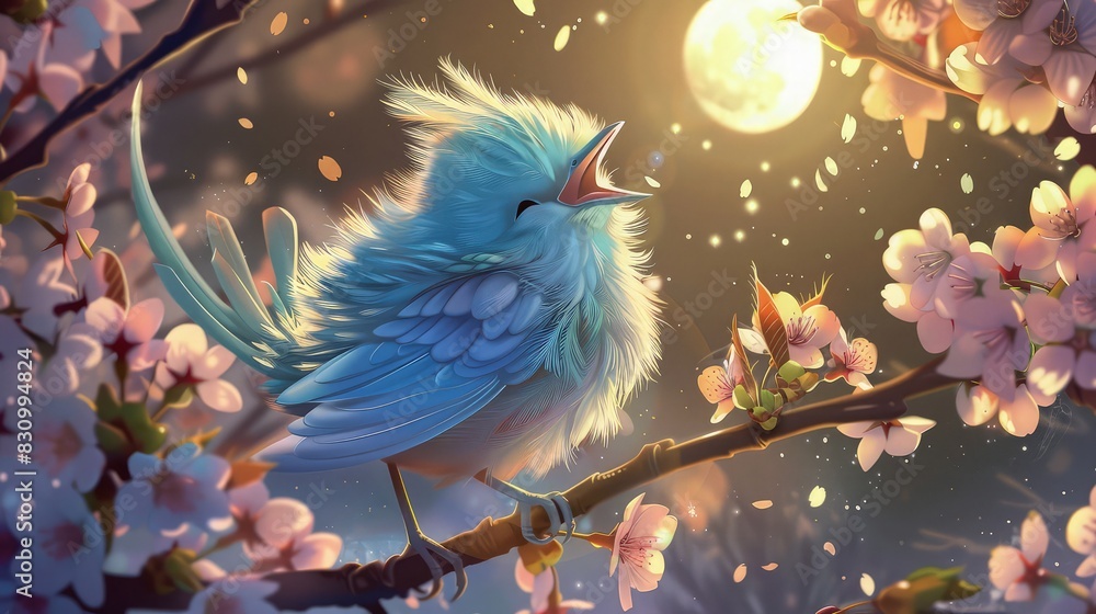 Fototapeta premium Close-up of a vibrant blue baby bird calling out while sitting on a blooming branch under the glow of the night moon.