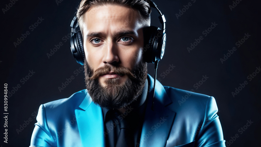 A bearded guy in a suit with headphones, DJ.