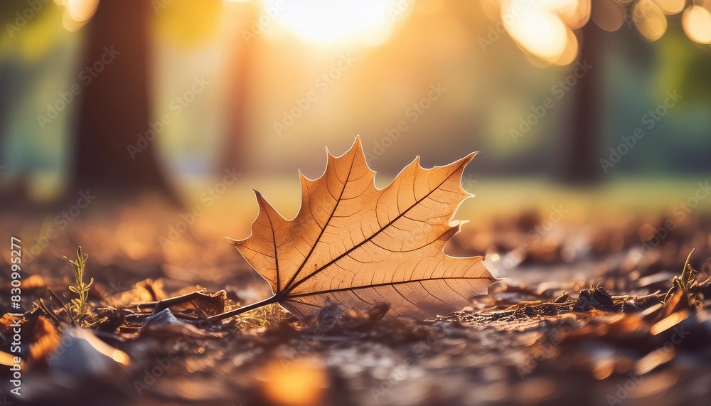 A stunning AI-generated image of a plane leaf on the ground with a sunset background in a forest, capturing the serene beauty of nature at dusk.