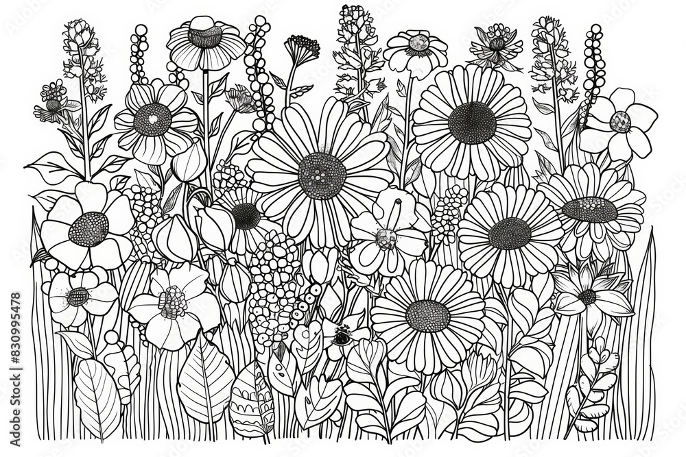 Fototapeta premium Intricate Floral Coloring Book Page with Diverse Flower Varieties