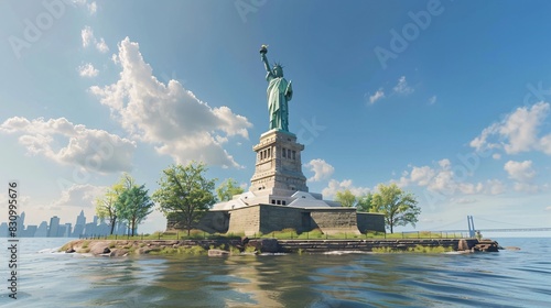 A photorealistic image of the Statue of Liberty standing tall on Liberty Island. The statue is a symbol of hope and welcome for immigrants from all over the world. The background is a clear blue sky