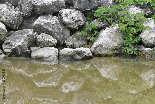 stones in water riprap reflection