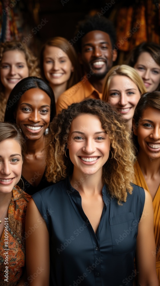 Fototapeta premium A multi-ethnic group of smiling coworkers stands together in vibrant fall colors, radiating team spirit