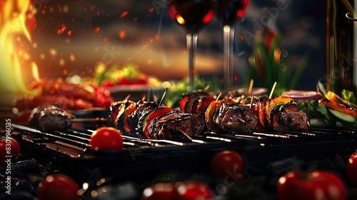 Delicious grilled skewers with vegetables and meat on BBQ with fire in the background, creating a warm and appetizing atmosphere. photo