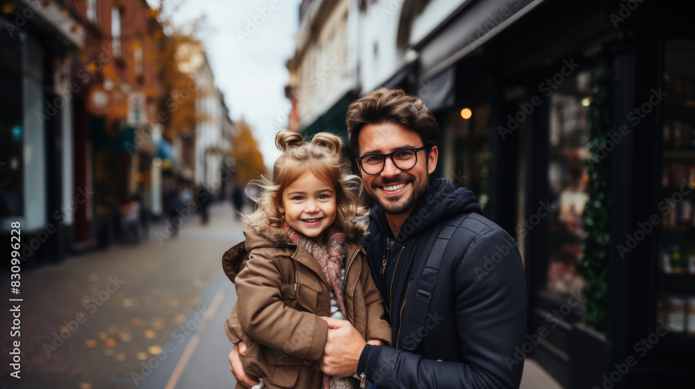 A cheerful father embraces his young daughter as they enjoy a friendly stroll on a city street A cheerful father embraces his young daughter as they enjoy a friendly stroll on a city street