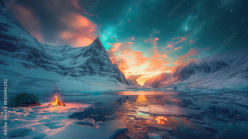 Naklejka premium Stunning arctic landscape with a blazing campfire under a vibrant sunset sky, surrounded by snow-capped mountains and icy reflections.