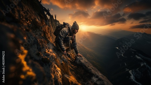 Dramatic image of a climber ascending a steep mountain slope during a vibrant sunset