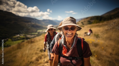 Two happy hikers with backpacks smile as they trek a scenic mountain path on a sunny day