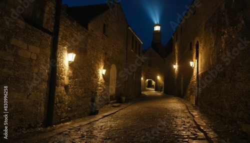 A cobblestone alley illuminated by vintage street lamps under a night sky  evoking a quiet  historical atmosphere.