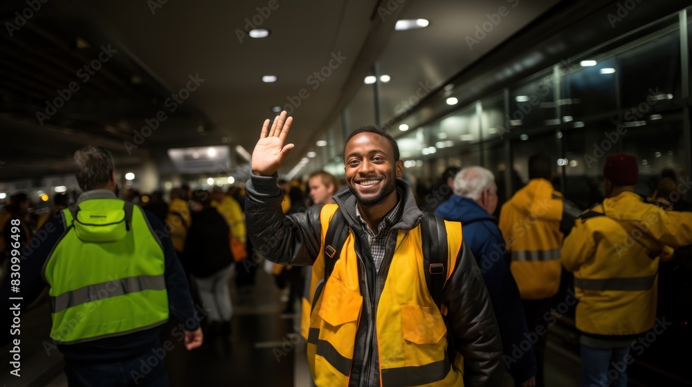 A cheerful man in a high-visibility vest waves goodbye in a bustling airport setting amidst passengers A cheerful man in a high-visibility vest waves goodbye in a bustling airport setting amidst passengers