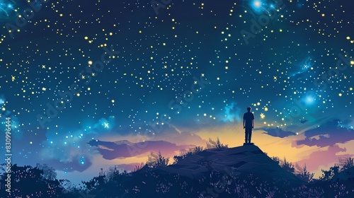 A dark figure stands on a hilltop under a starry night sky.