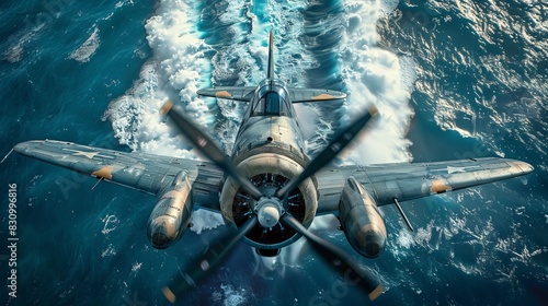 Vintage airplane flying over the ocean with a dramatic view from behind, showcasing aviation technology and historical nostalgia.