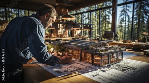 A male Architect examines a detailed architectural model atop blueprints in a woodsy office setting photo