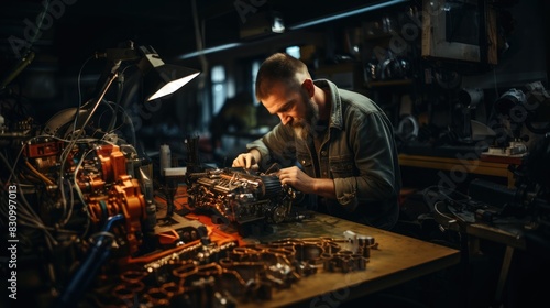 A skilled mechanic meticulously works on a motorcycle engine in a well-equipped workshop