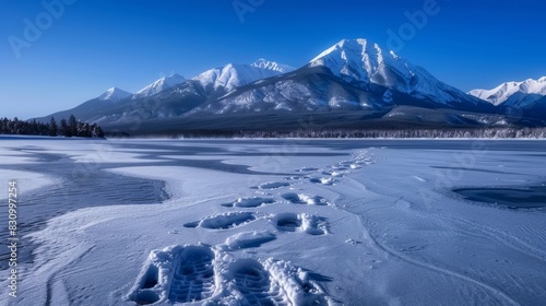 A snowy mountain range with a lake in the foreground photo