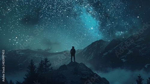 A dark figure stands on a hilltop under a starry night sky.