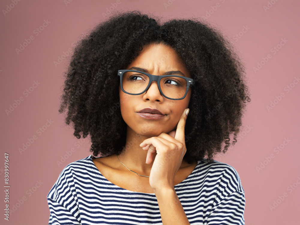 Thinking, confused and girl with glasses in studio for solution, planning or asking gesture on pink background. Why, doubt and curious woman model with how to, questions or idea for problem solving Thinking, confused and girl with glasses in studio for solution, planning or asking gesture on pink background. Why, doubt and curious woman model with how to, questions or idea for problem solving