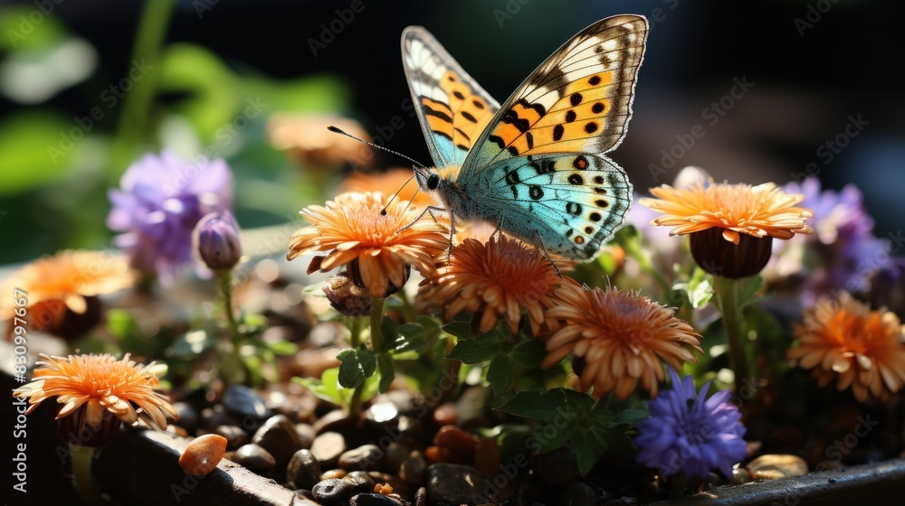Obraz premium A colorful butterfly perches on vibrant flowers, with warm sunlight illuminating the scene