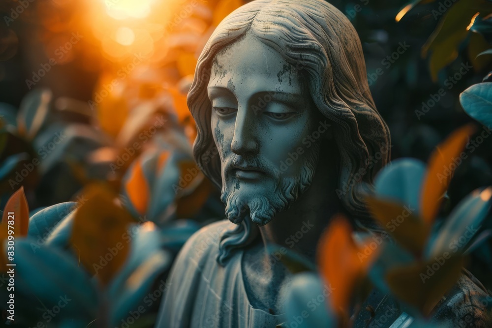 Bible Jesus Christ a closeup of Jesus Christ praying with a lamb and a beautiful sunset a warm glow over the scene with space in the left for copy space Bible Jesus Christ a closeup of Jesus Christ praying with a lamb and a beautiful sunset a warm glow over the scene with space in the left for copy space