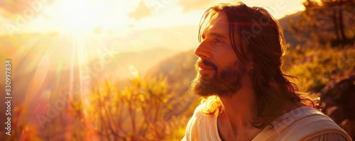 Bible Jesus Christ a closeup of Jesus Christ transfiguring on the mountain with a beautiful view a warm glow over the scene with space in the left for copy space photo