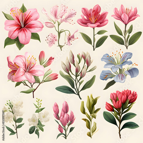 set of Alstroemeria, plants, leaves and flowers. illustrations of beautiful realistic flowers for background, pattern or wedding invitations