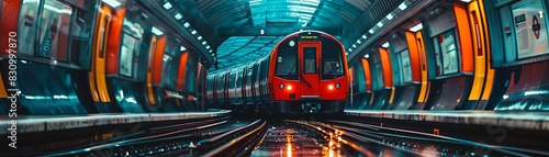 Red subway train arriving at platform in urban city.