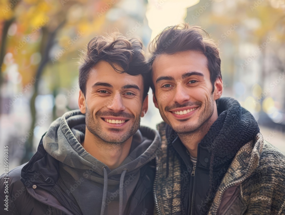 LGBT couple traveling Focus on a happy male couple, Caucasian, smiling and looking at the camera, exploring a new city, with right space for text LGBT couple traveling Focus on a happy male couple, Caucasian, smiling and looking at the camera, exploring a new city, with right space for text