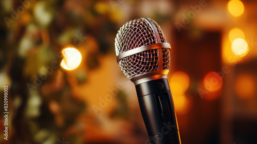 A close-up shot of a professional microphone with an intricate grille, warm bokeh lighting in the background