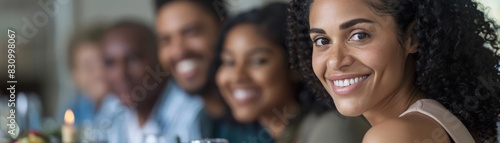 LGBT couple visiting family Focus on a female couple, Hispanic and African American, smiling and looking at the camera, having dinner with their family, with left space for text photo