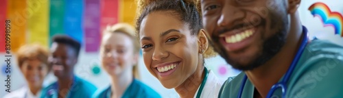 LGBT health Focus on a healthcare clinic with rainbow posters, with healthcare workers smiling and looking at the camera, with left space for text