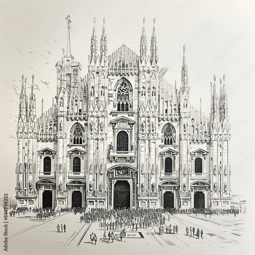 Fototapeta premium Black and white sketch of Milan Cathedral on a cloudy day