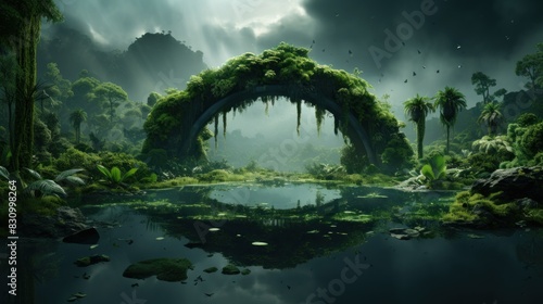 This image depicts a serene landscape with a lush  green natural archway reflected in a calm body of water